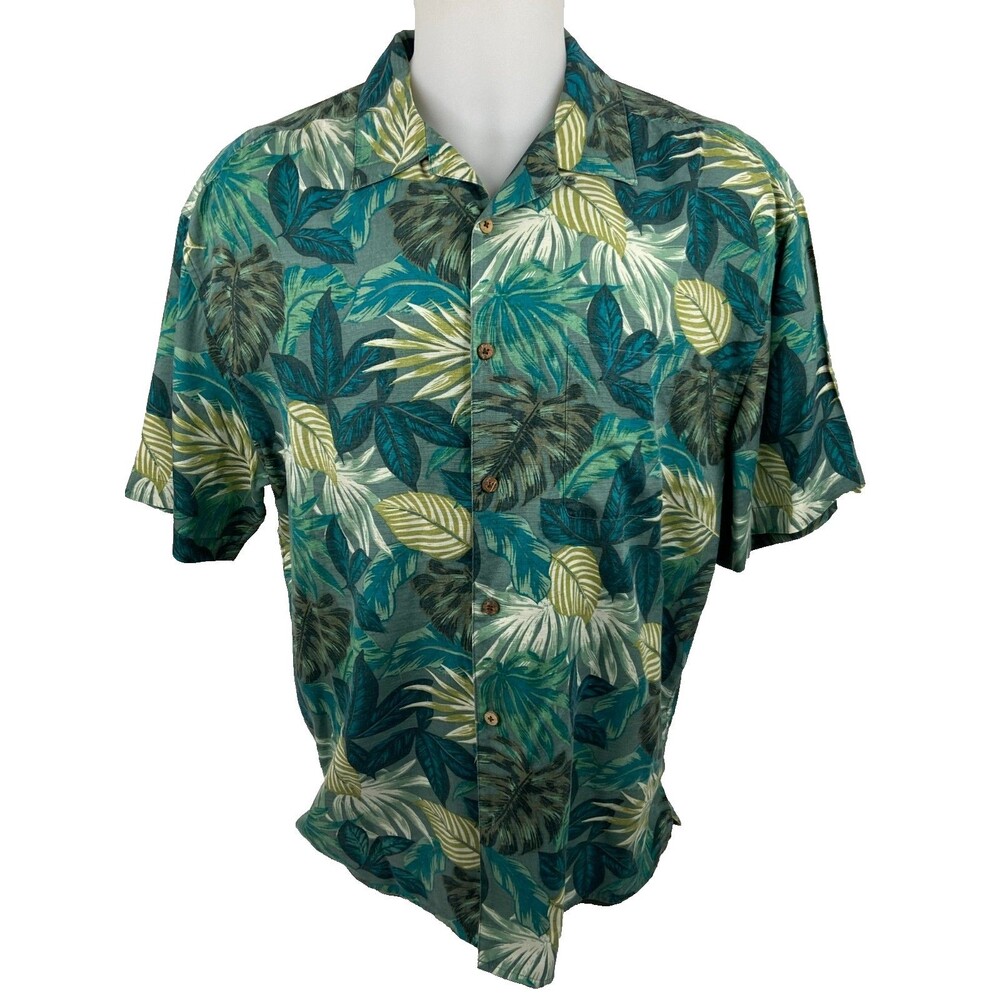 Jos A Bank Men 2XL Green Tropical Silk Shirt Casual Palm Hawaiian Beach